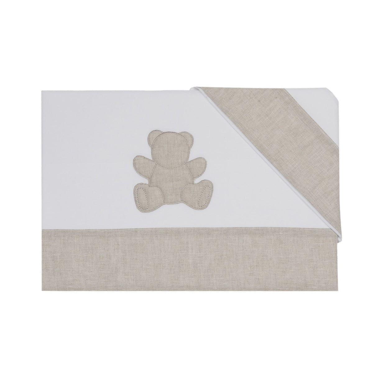 Completo Lenzuolino per Culla in Puro Cotone Ricamato bordo in lino - Teddy Completo Lenzuolino Lisola Baby Bianco