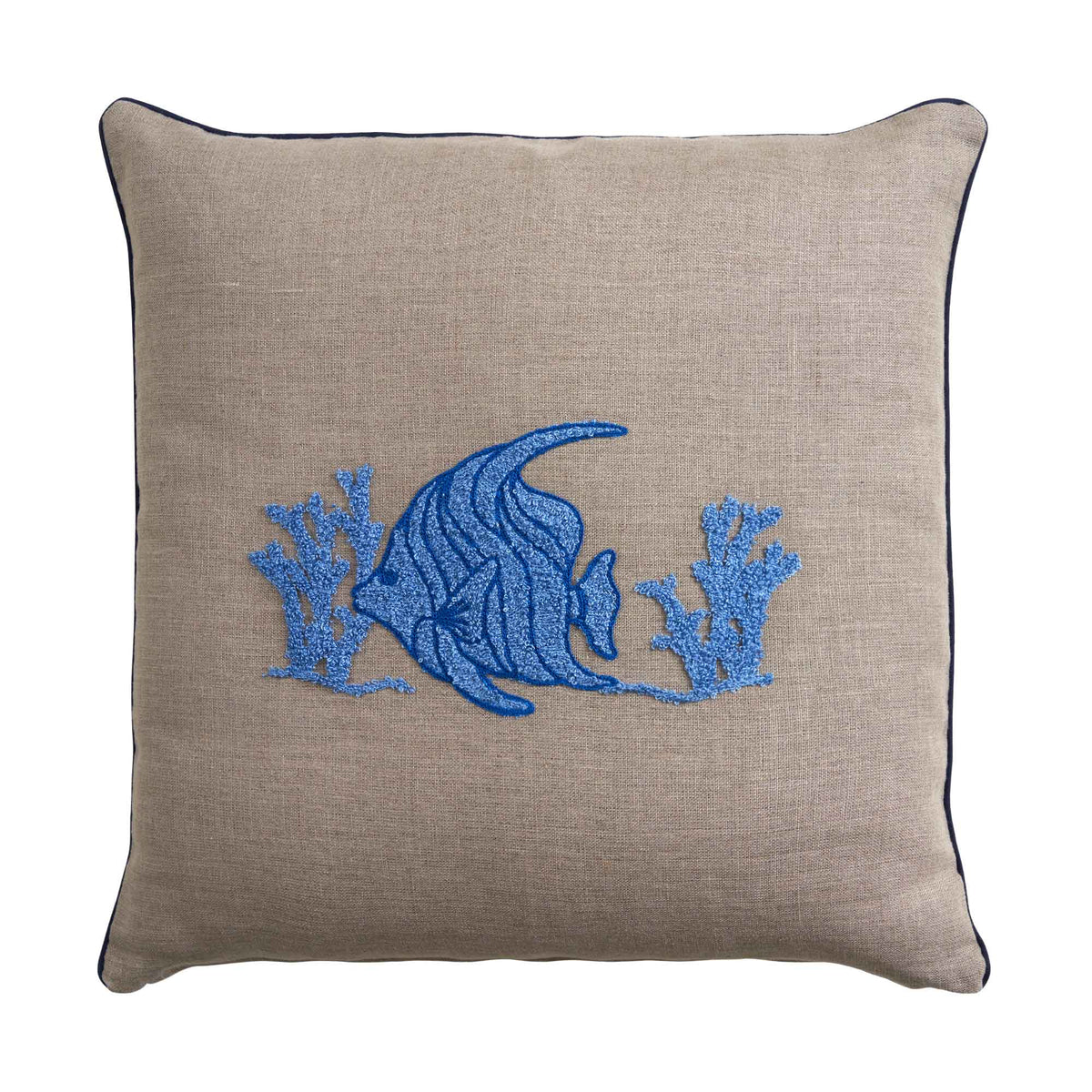 Cuscino Arredo Quadrato in Puro Lino con Ricamo - Paros Cuscini Arredo Biancoperla Naturale/Blu