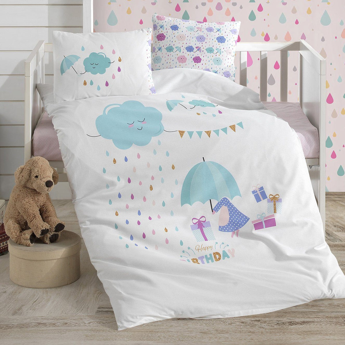 Parure Copripiumino per lettino in puro cotone con fantasia Birthday - Daunex