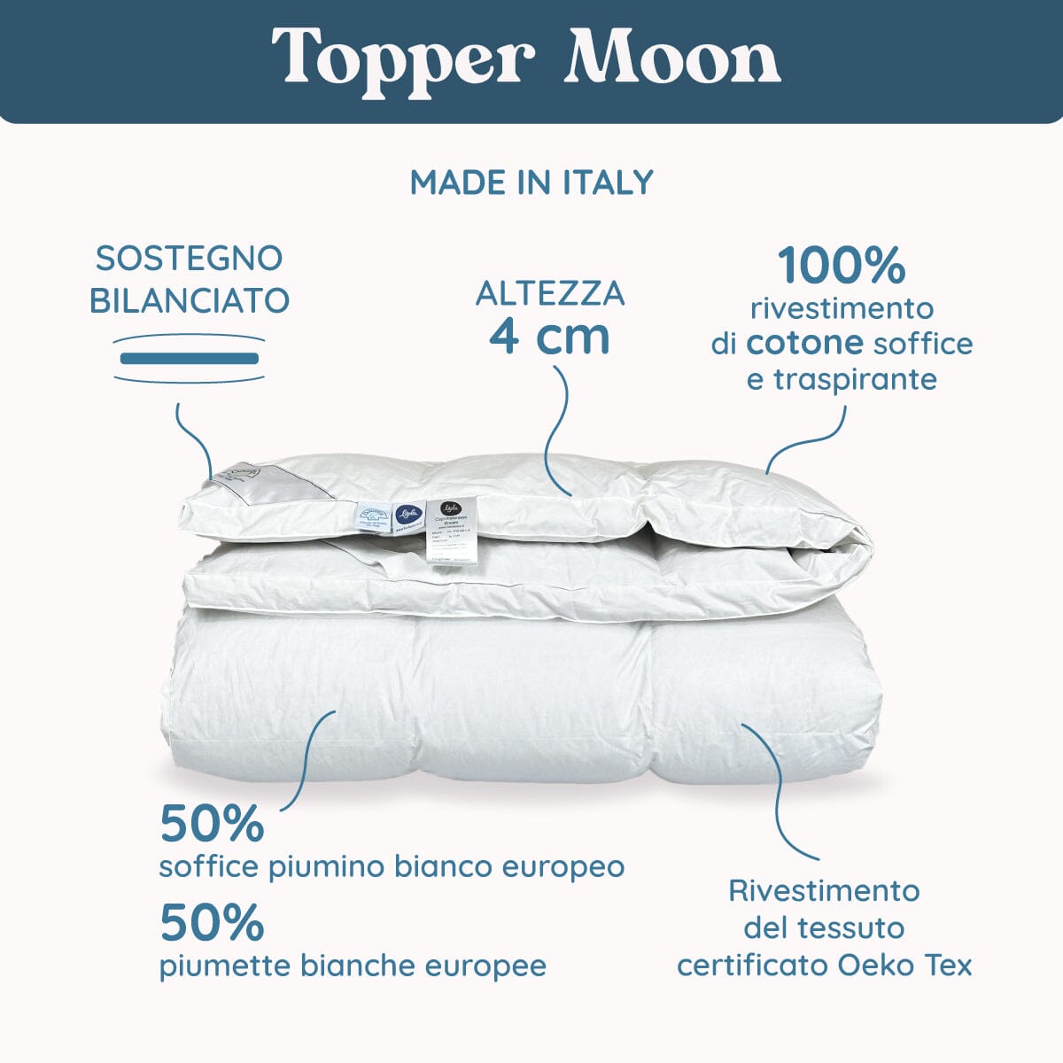 Topper in Piumino e Piumette d'Oca - Moon h4 Topper Lisola by Daunex 80x190cm