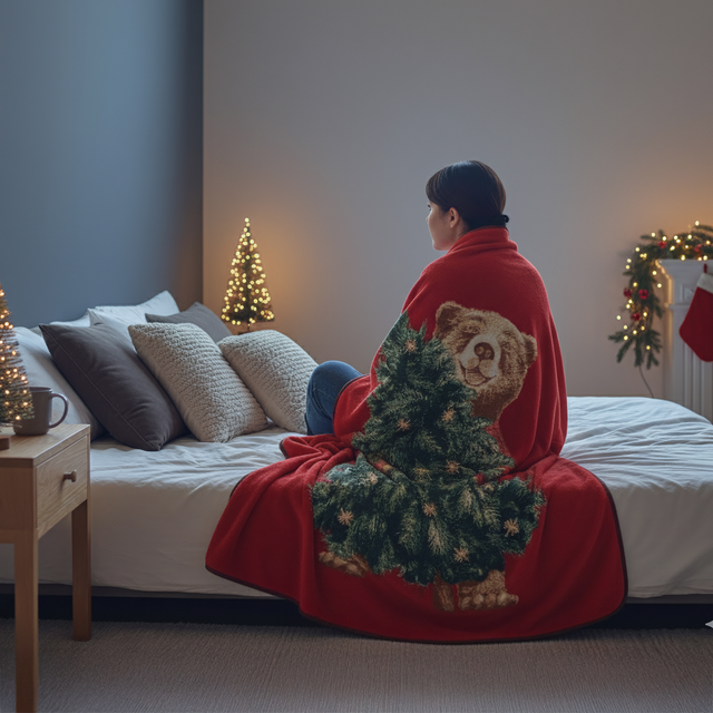 Plaid in Lana Cotta con Orso ed Albero Natalizio - Christmas Bear